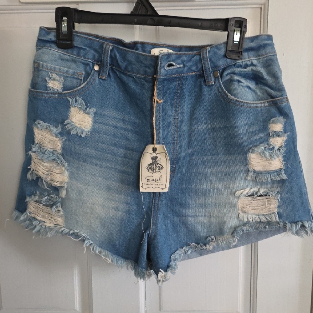 EASEL Blue Denim Distressed Women Shorts